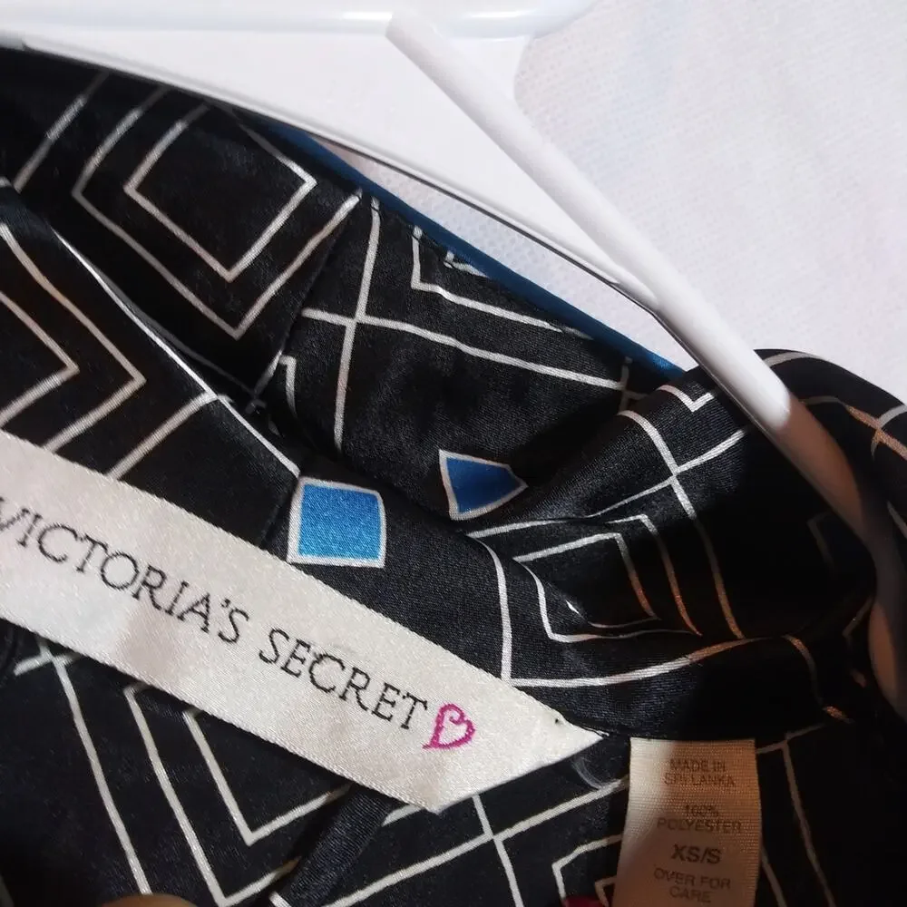 Vintage Victoria's Secret Silky Satin Geometric Patterned Black Blue Robe  Xs/S